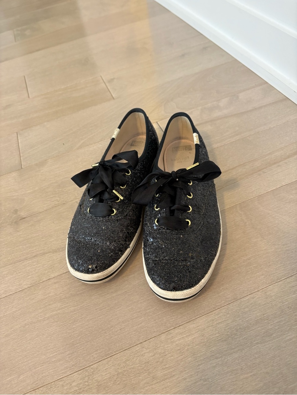 Keds x Kate Spade Black Glitter Lace-Up Women's Sneakers with Satin Ribbon Laces